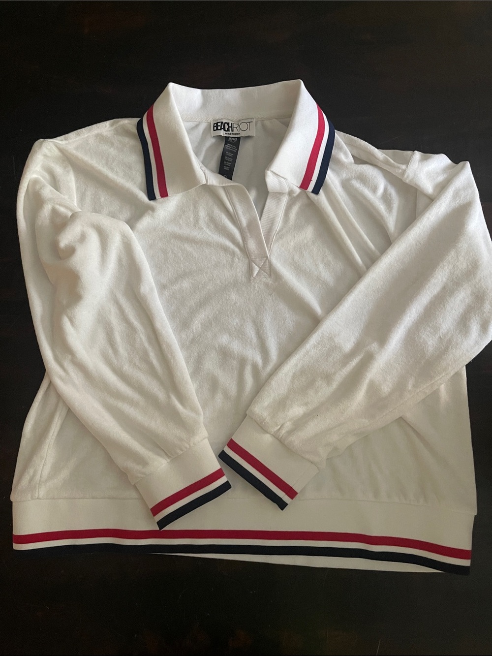 Beach Riot White Long Sleeve Polo with Red & Navy Stripe Trim